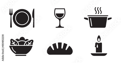 Collection of dinner icons including plate, fork, knife, wine glass, pot and candle