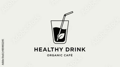 Minimalist Healthy Drink Organic Café Logo with Glass Straw and Leaf Icon