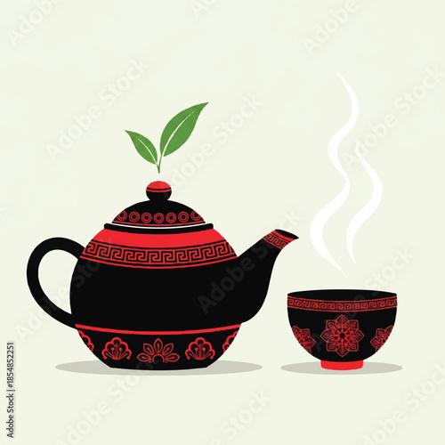 A steaming teapot and cup illustration on a plain background with a sprouting tea infuser