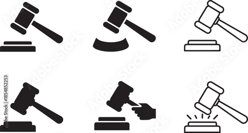 Set of 6 judge gavel icons isolated on transparent background