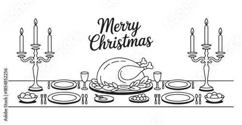Christmas dinner table setting with turkey, plates, cutlery, wine glasses and candles