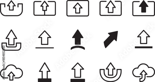 Set of 15 upload icon elements isolated on transparent background