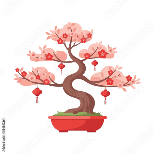 A blooming bonsai tree with pink flowers and red lanterns in a red pot on a white background from a front viewpoint.