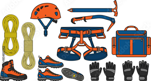 Climbing and mountaineering equipment illustration set with helmet, ropes, harness, ice axe, gloves and backpack, outdoor adventure gear isolated on white background
