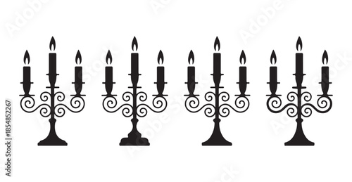 Set of ornate candelabras with burning candles in vintage style vector illustration