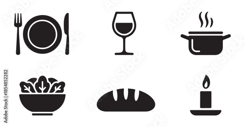 Dining and meal icon set with plate fork knife wine glass steaming pot salad bread candle