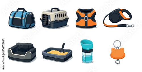 Pet accessories collection: carrier, harness, leash, bed, litter box, bottle, tag