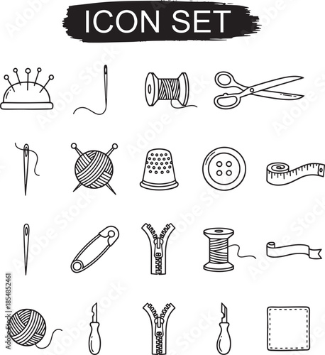 Sewing and tailoring tools icon set outline style needle and thread