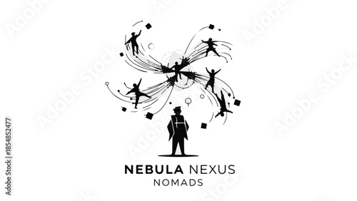 Person with arms outstretched surrounded by swirling abstract figures and stars, symbolizing connection and imagination.