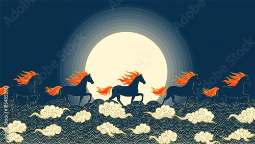 Galloping horses with flowing manes against a full moon in a serene night landscape