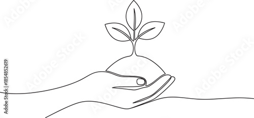 Hand holding plant sprout continuous line drawing
