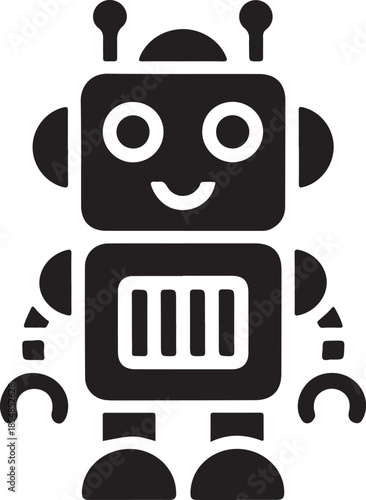 Black and white robot with a smiling face and mechanical body parts
