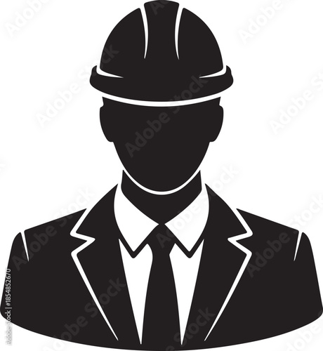 Black and white silhouette of a person wearing a hard hat and a suit