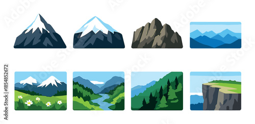 Digital collection of eight stylized mountain and nature landscapes in various seasons