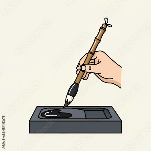 A hand holding a traditional calligraphy brush dipping into an inkwell