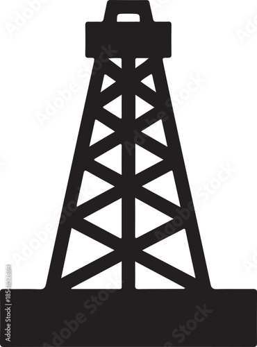 Black and white silhouette of an oil derrick with geometric patterns