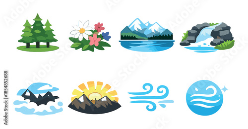 Nature elements icons: trees, flowers, mountains, waterfall, clouds, sunrise, wind, earth