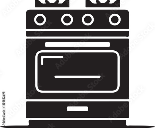 Black and white stove with oven and four burners kitchen appliance