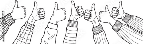 Many human hands showing thumbs up gesture sketch style illustration