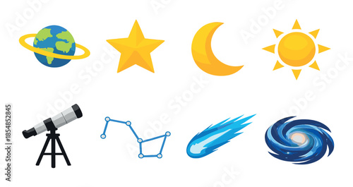 Celestial objects and astronomy symbols featuring stars, planets, and telescope