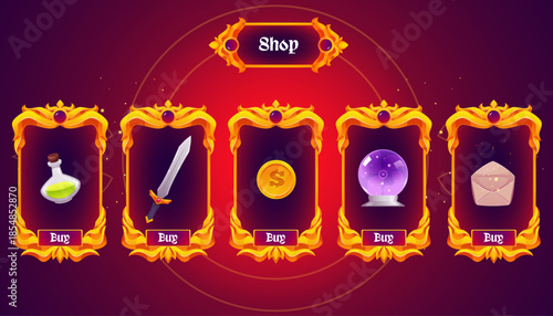 Shop game menu, golden frames with gemstones, vector cartoon vintage magic crystal ball, envelope, coin, sword, elixir