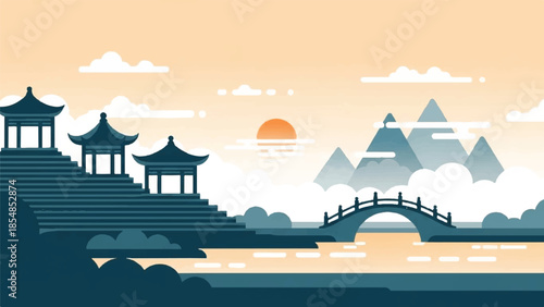 Serene Landscape with Pagodas and Bridge at Sunset
