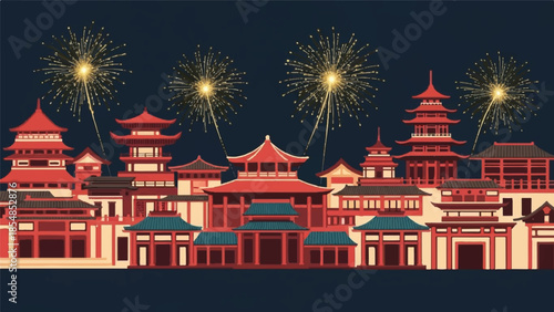 Nighttime illustration of a traditional temple complex with fireworks exploding above the pagodas and buildings