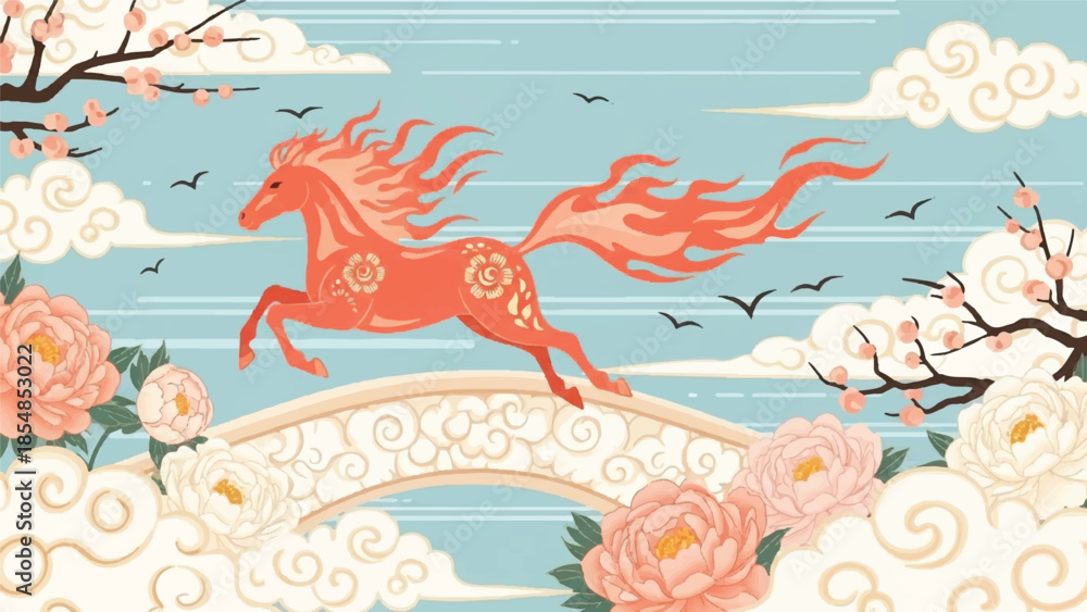 Obraz premium An orange horse runs across a decorative bridge surrounded by flowers and clouds