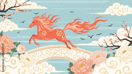 An orange horse runs across a decorative bridge surrounded by flowers and clouds