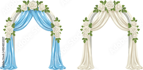 Wedding floral arch illustration set with elegant draped fabric and white roses, romantic ceremony decorations isolated on white background