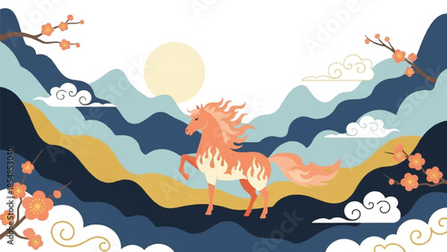 Majestic horse running freely across serene landscape under radiant sun
