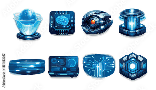 Futuristic technology icons with glowing blue hologram and circuit designs