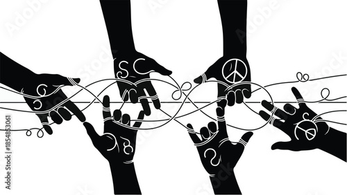 Diverse hands connect through interwoven symbols of peace, unity, and understanding.