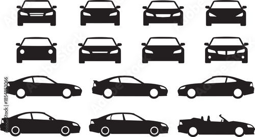 Automobile silhouette collection featuring front and side car views