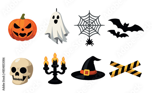 Halloween icons: pumpkin, ghost, spider web, bats, skull, candles, witch hat