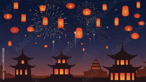 Traditional Asian pagodas illuminated at dusk with lanterns and fireworks in the evening sky