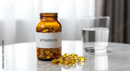 Bottle of Vitamin D3 Dietary Supplement with Golden Gel Capsules and Glass of Water on White Table