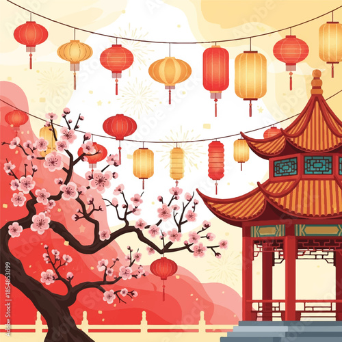 A serene Chinese temple scene with blooming plum blossoms and hanging lanterns under a soft, sunny sky