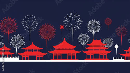 Traditional Asian Architecture Celebrated with Fireworks Display at Night
