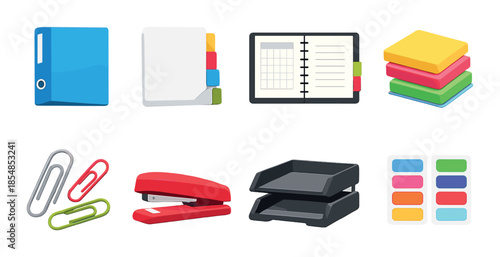 Colorful office supplies icons including binder, sticky notes, and stapler