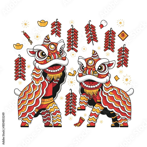 Vibrant Lion Dance Performance with Red and Gold Decorations Surrounding the Dancers in a Festive Celebration