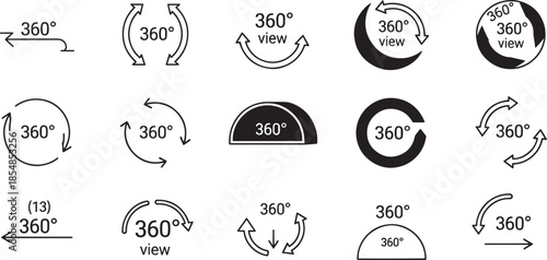 Collection of 360 degree view black icons on transparent background