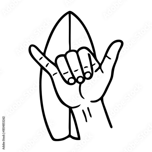 Logo club de surf. Dibujo de trazo único de mano con señal shaka con tabla de surf. Mano con símbolo hang loose