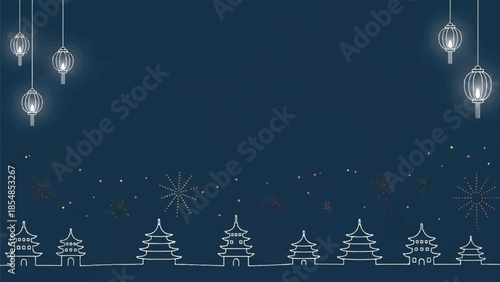 Christmas trees and lights hanging from the sky on a dark blue background
