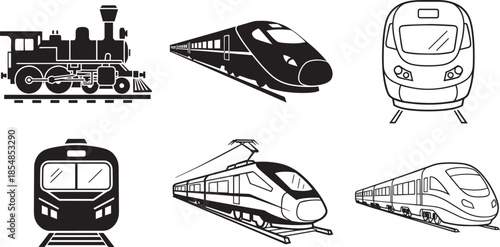 Train transportation collection with vintage steam and modern rails