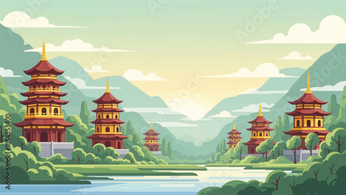 Serene Landscape with Pagodas and Mountains at Sunset