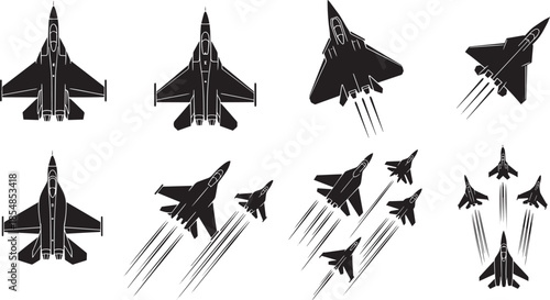 Military fighter jet aircraft silhouette collection with formations