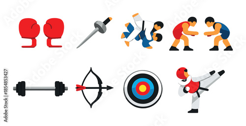 Martial arts and combat sports: icon set featuring boxing, fencing, judo, wrestling, weightlifting, archery, and taekwondo