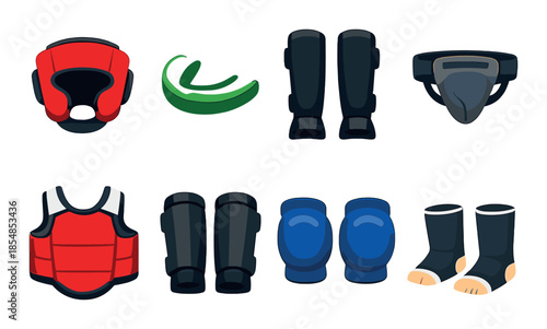 Mixed martial arts protective gear set with helmet, shin guards, and gloves