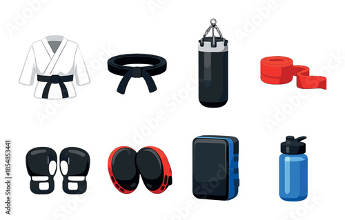 Martial arts equipment: gi, belt, punching bag, gloves, focus mitts, wraps, water bottle